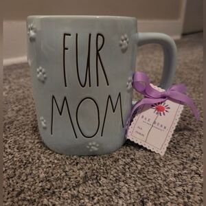 Rae Dunn Pale Blue "FUR MOM" Ceramic Mug with Paw Accents